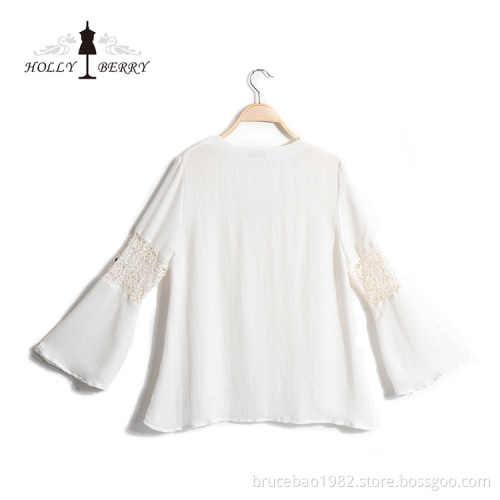 V-neck Women's Blouse Long Sleeve With Lace Pannel